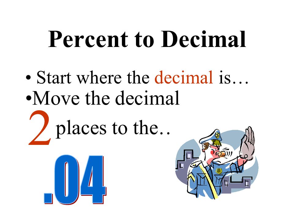Percent to Decimal 1.Start where the decimal is left. 2. Move the decimal places to the 2