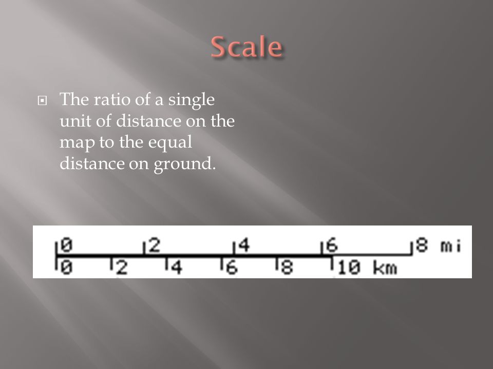  The ratio of a single unit of distance on the map to the equal distance on ground.