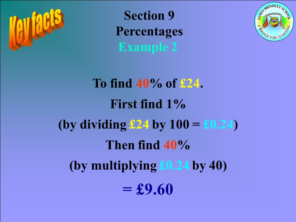 Section 9 Percentages Example 2 To find 40% of £24.