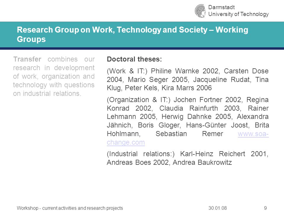 Darmstadt University of Technology Research Group on Work, Technology, and  Society - Current activities and research projects WorkshopDarmstadt, ppt  download