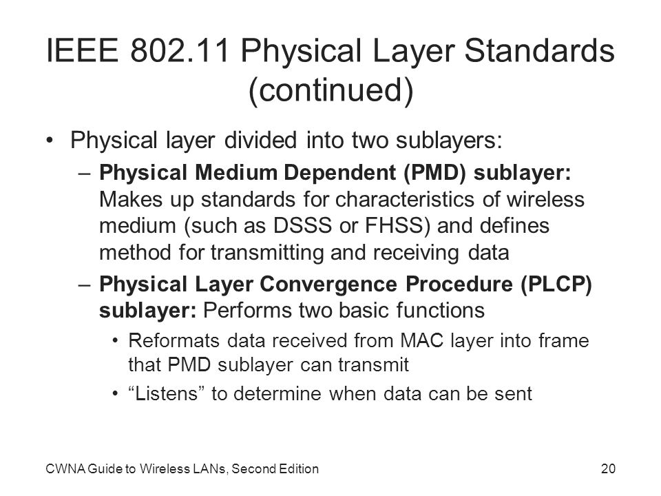 CWNA Guide to Wireless LANs, Second Edition20 IEEE Physical Layer Standards (continued) Physical layer divided into two sublayers: –Physical Medium Dependent (PMD) sublayer: Makes up standards for characteristics of wireless medium (such as DSSS or FHSS) and defines method for transmitting and receiving data –Physical Layer Convergence Procedure (PLCP) sublayer: Performs two basic functions Reformats data received from MAC layer into frame that PMD sublayer can transmit Listens to determine when data can be sent