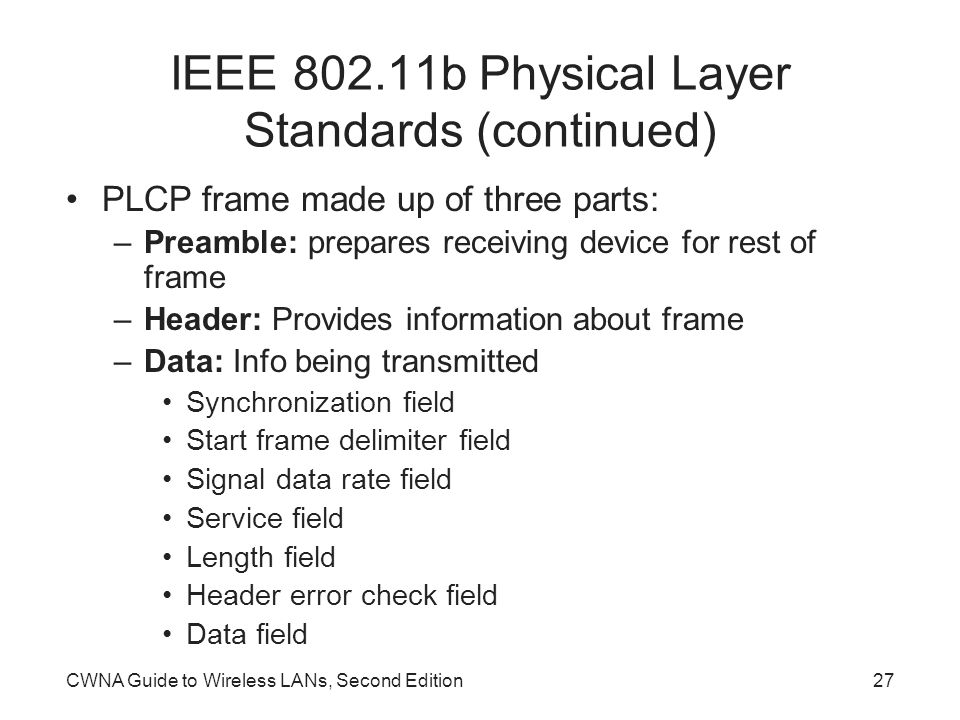 CWNA Guide to Wireless LANs, Second Edition27 IEEE b Physical Layer Standards (continued) PLCP frame made up of three parts: –Preamble: prepares receiving device for rest of frame –Header: Provides information about frame –Data: Info being transmitted Synchronization field Start frame delimiter field Signal data rate field Service field Length field Header error check field Data field