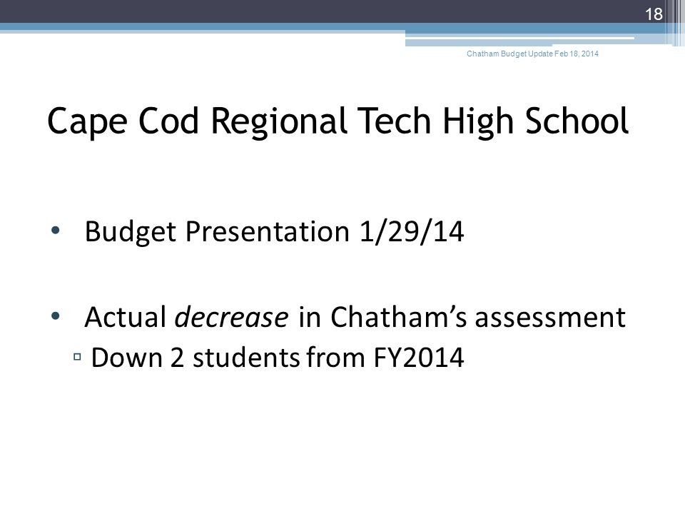 Cape Cod Regional Tech High School Budget Presentation 1/29/14 Actual decrease in Chatham’s assessment ▫ Down 2 students from FY2014 Chatham Budget Update Feb 18,