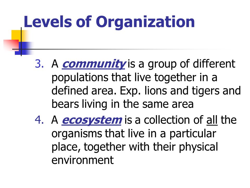 Levels of Organization 3.A community is a group of different populations that live together in a defined area.