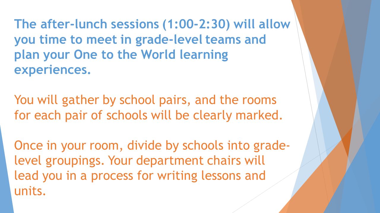 This morning’s sessions will show you ways to implement each of the four components of a One to the World learning experience.