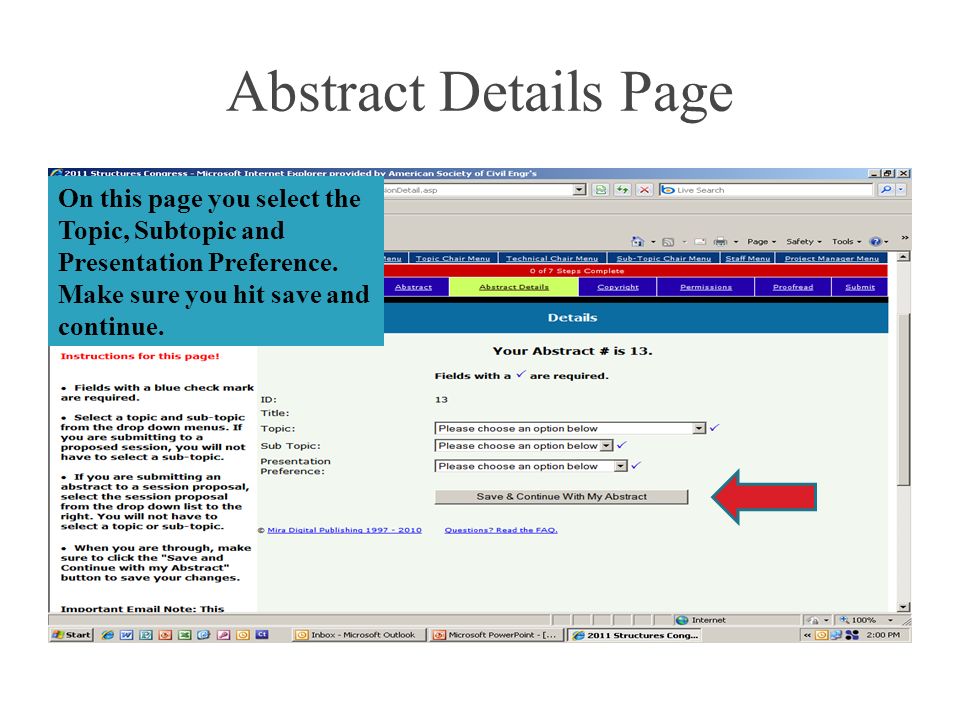 Abstract Details Page On this page you select the Topic, Subtopic and Presentation Preference.
