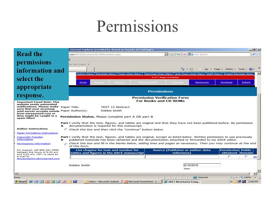 Permissions Read the permissions information and select the appropriate response.
