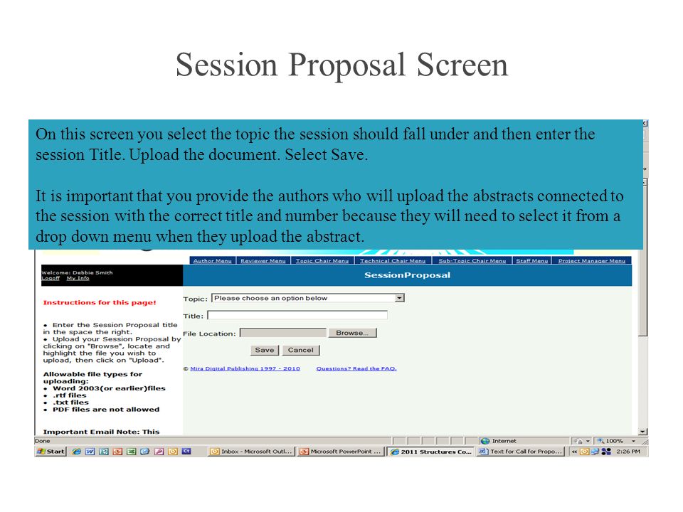 Session Proposal Screen On this screen you select the topic the session should fall under and then enter the session Title.