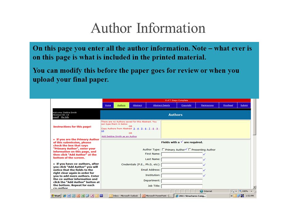 Author Information On this page you enter all the author information.