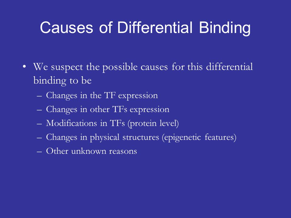 Causes of Differential Binding We suspect the possible causes for this differential binding to be –Changes in the TF expression –Changes in other TFs expression –Modifications in TFs (protein level) –Changes in physical structures (epigenetic features) –Other unknown reasons