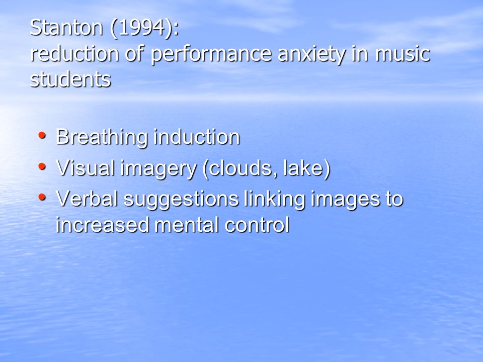 Lodato (1990): improvement of athletic performance of hockey players Self hypnosis Self hypnosis Task analysis Task analysis Behavioral rehearsal Behavioral rehearsal Video of model performance Video of model performance Visualization Visualization Practice Practice