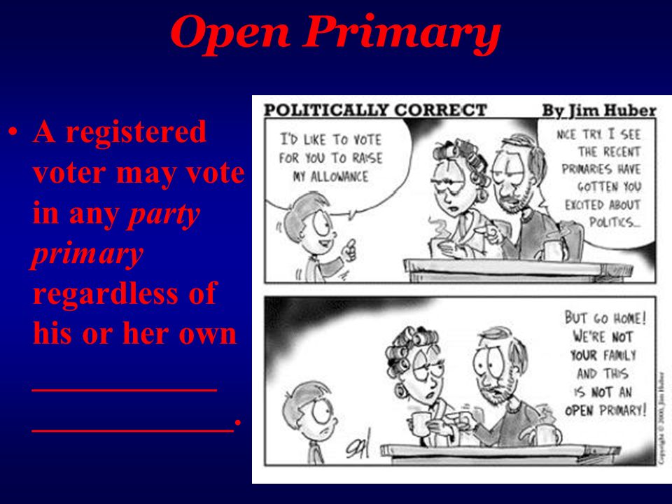 Open Primary A registered voter may vote in any party primary regardless of his or her own ___________ ____________.