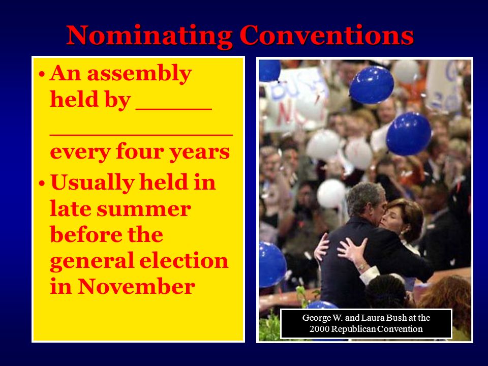 Nominating Conventions An assembly held by _____ ____________ every four years Usually held in late summer before the general election in November George W.