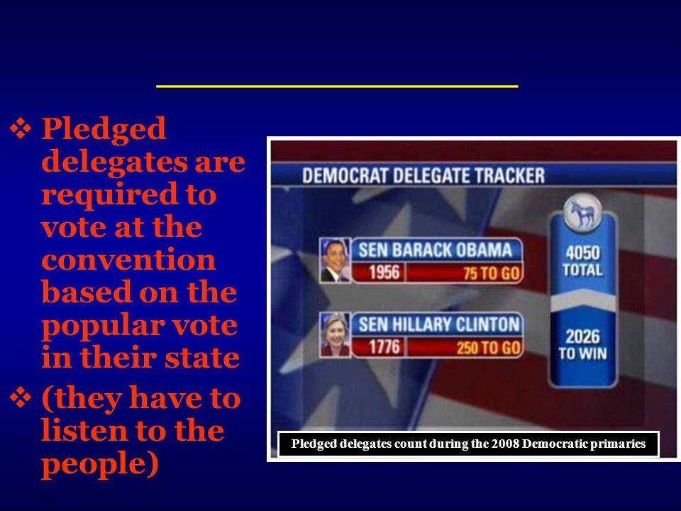 ___________________ Pledged delegates count during the 2008 Democratic primaries  Pledged delegates are required to vote at the convention based on the popular vote in their state  (they have to listen to the people)
