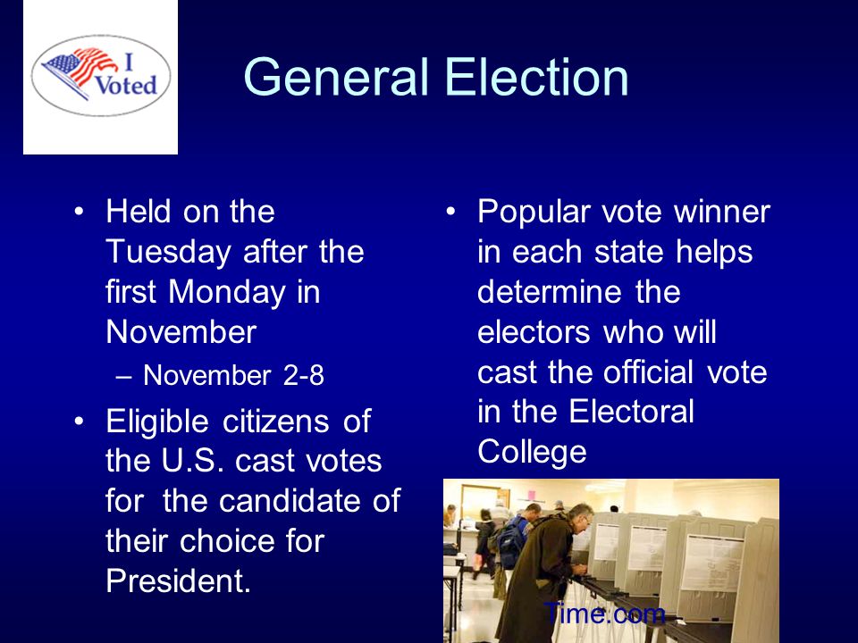 General Election Held on the Tuesday after the first Monday in November –November 2-8 Eligible citizens of the U.S.