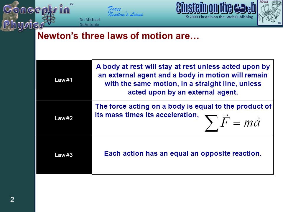 Force Newton’s Laws 2 Newton’s three laws of motion are… Law #1 Law #2 Law #3 A body at rest will stay at rest unless acted upon by an external agent and a body in motion will remain with the same motion, in a straight line, unless acted upon by an external agent.