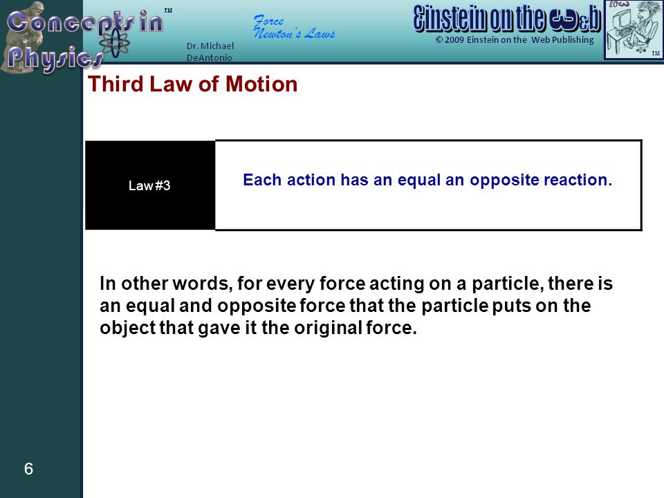 Force Newton’s Laws 6 Third Law of Motion Law #3 Each action has an equal an opposite reaction.