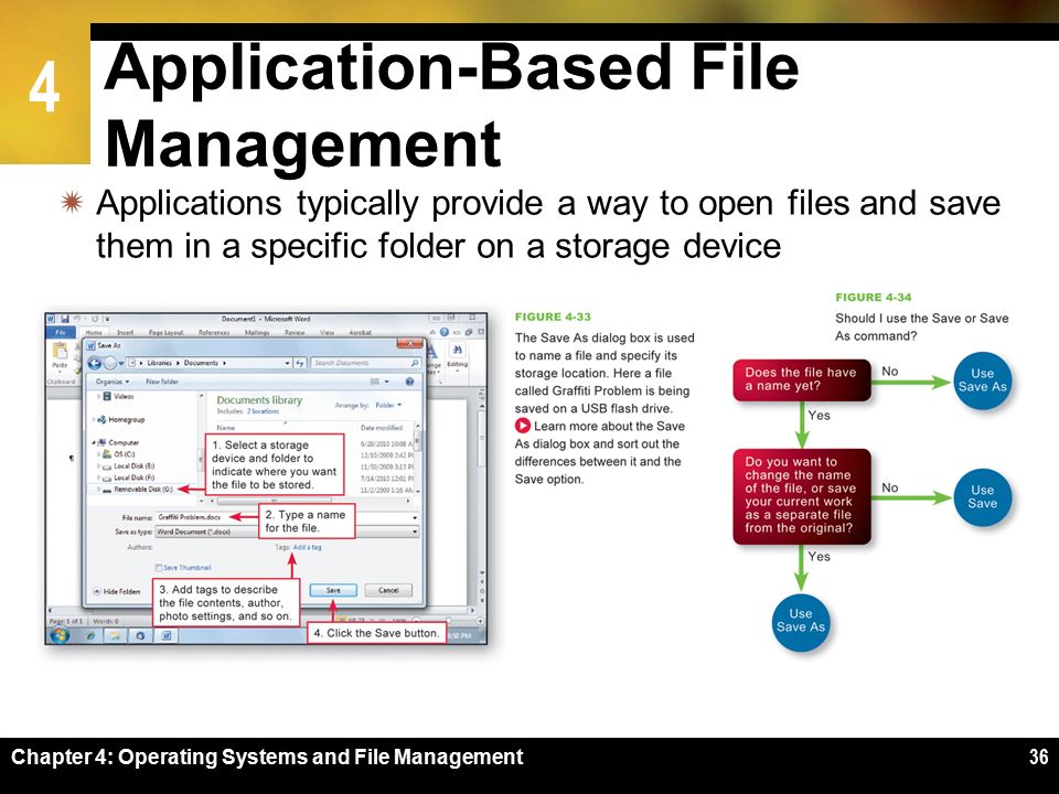 4 Chapter 4: Operating Systems and File Management36 Application-Based File Management  Applications typically provide a way to open files and save them in a specific folder on a storage device