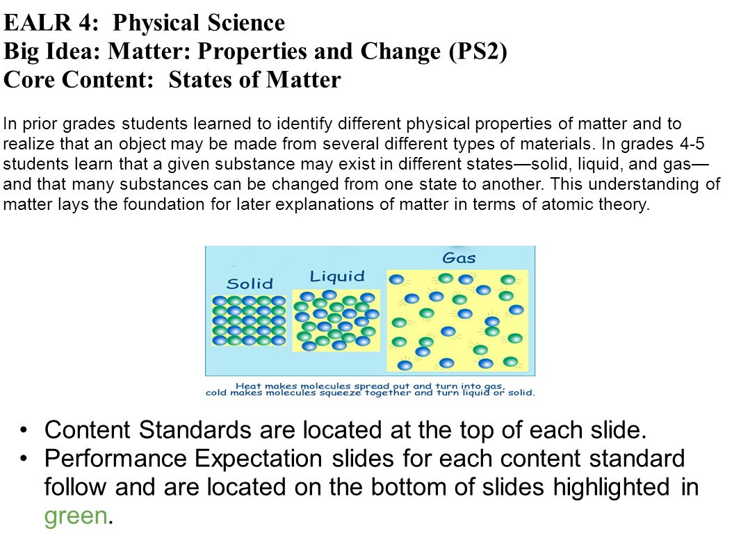 EALR 4: Physical Science Big Idea: Matter: Properties and Change (PS2)