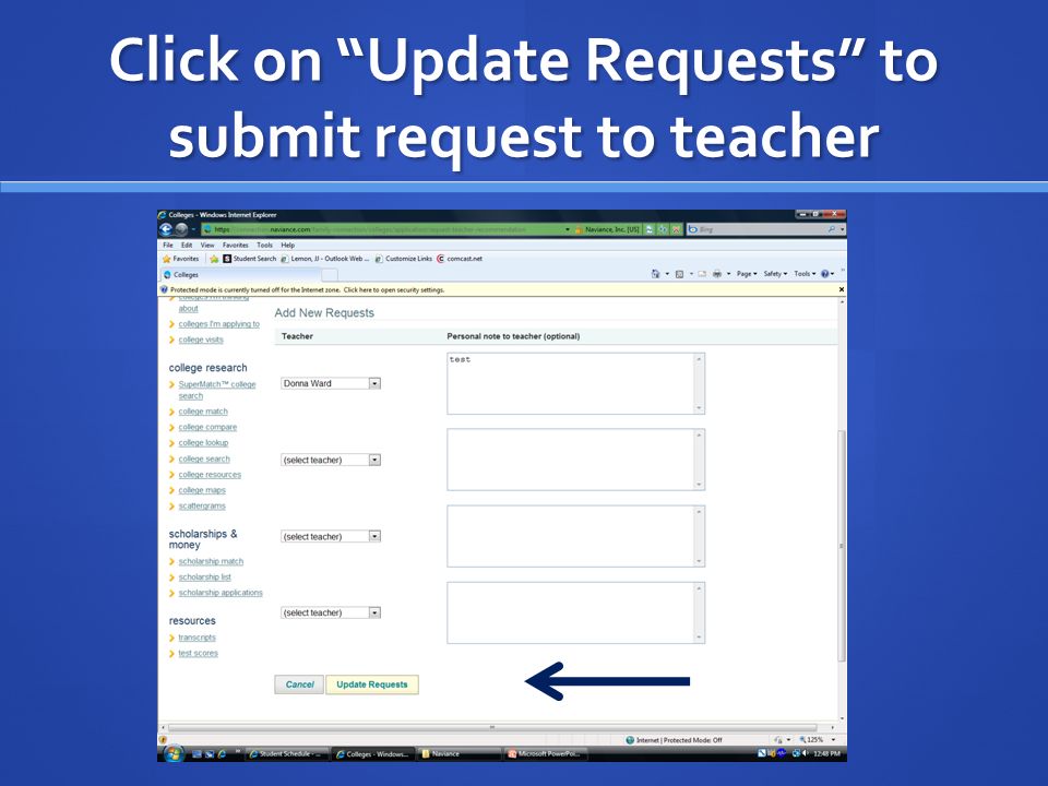 Click on Update Requests to submit request to teacher