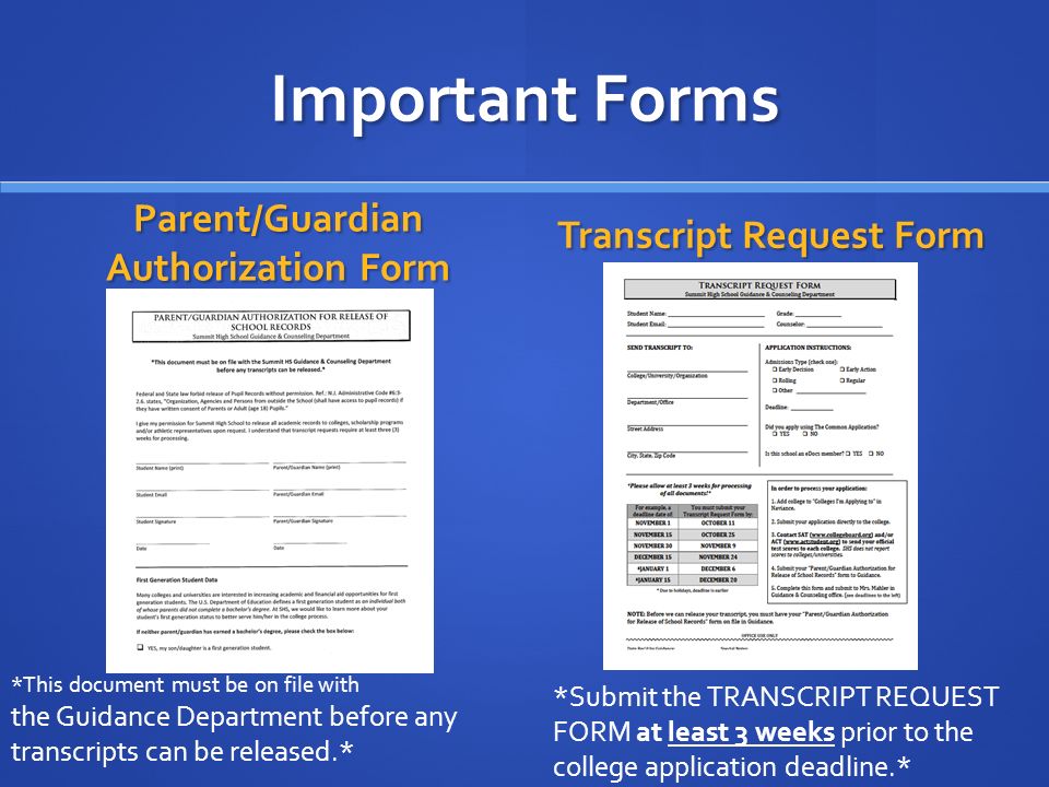 Important Forms Parent/Guardian Authorization Form Transcript Request Form *Submit the TRANSCRIPT REQUEST FORM at least 3 weeks prior to the college application deadline.* *This document must be on file with the Guidance Department before any transcripts can be released.*