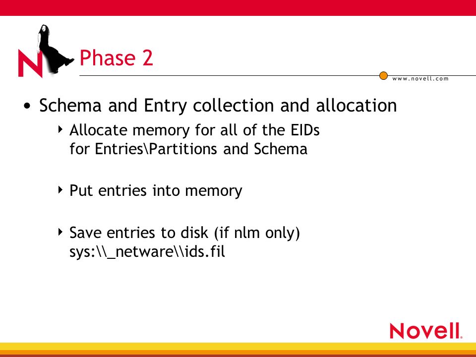 Phase 2 Schema and Entry collection and allocation  Allocate memory for all of the EIDs for Entries\Partitions and Schema  Put entries into memory  Save entries to disk (if nlm only) sys:\\_netware\\ids.fil