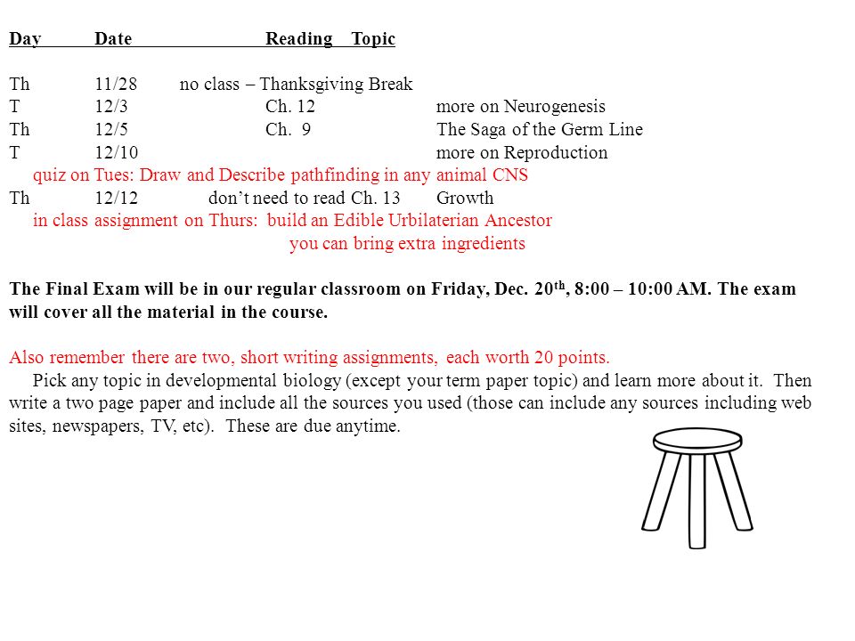 Day DateReadingTopic Th11/28no class – Thanksgiving Break T12/3Ch.