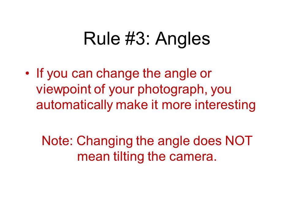 Rule #3: Angles If you can change the angle or viewpoint of your photograph, you automatically make it more interesting Note: Changing the angle does NOT mean tilting the camera.