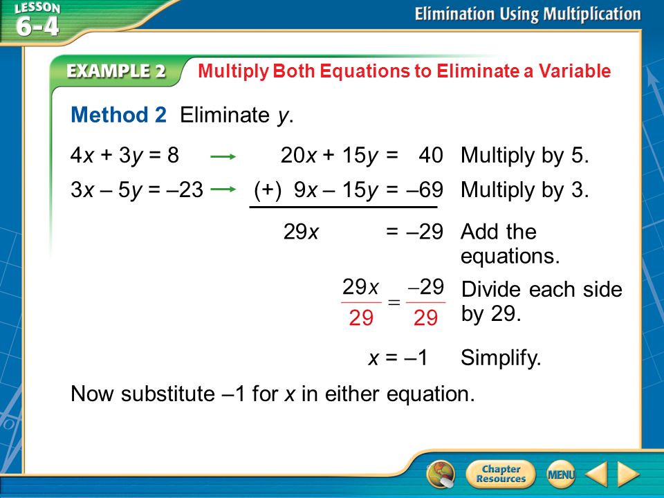 Example 2 Multiply Both Equations to Eliminate a Variable Method 2 Eliminate y.