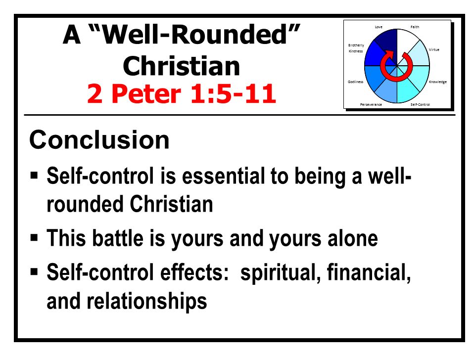 Faith Virtue Knowledge Self-ControlPerseverance Godliness Brotherly Kindness Love A Well-Rounded Christian 2 Peter 1:5-11 Conclusion  Self-control is essential to being a well- rounded Christian  This battle is yours and yours alone  Self-control effects: spiritual, financial, and relationships