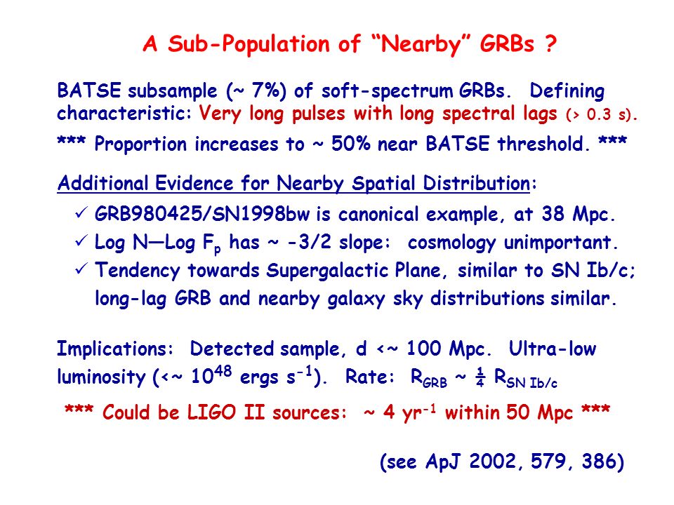 A Sub-Population of Nearby GRBs . BATSE subsample (~ 7%) of soft-spectrum GRBs.