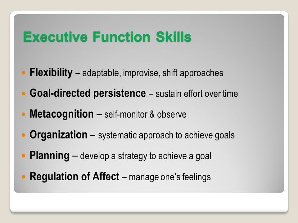 Executive Function Skills Flexibility – adaptable, improvise, shift approaches Goal-directed persistence – sustain effort over time Metacognition – self-monitor & observe Organization – systematic approach to achieve goals Planning – develop a strategy to achieve a goal Regulation of Affect – manage one’s feelings