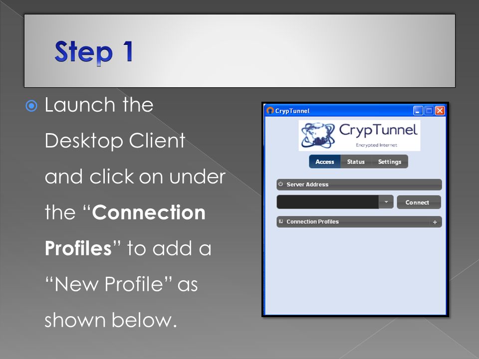  Launch the Desktop Client and click on under the Connection Profiles to add a New Profile as shown below.
