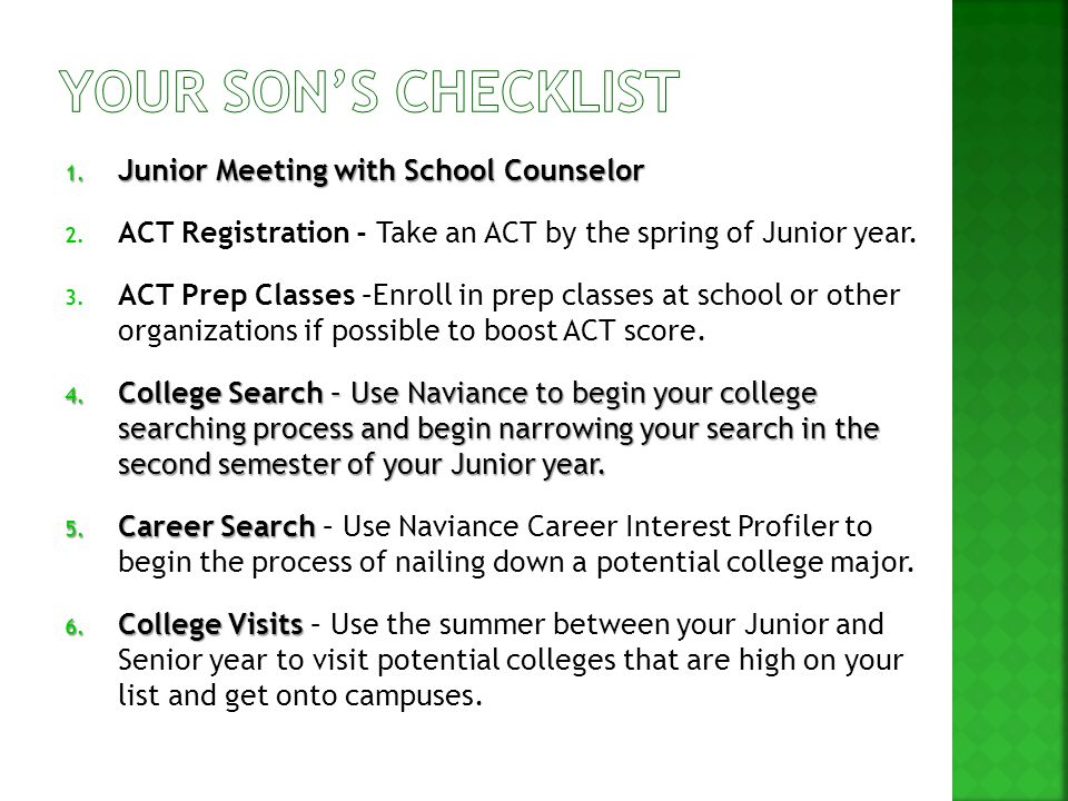 1. Junior Meeting with School Counselor 2.