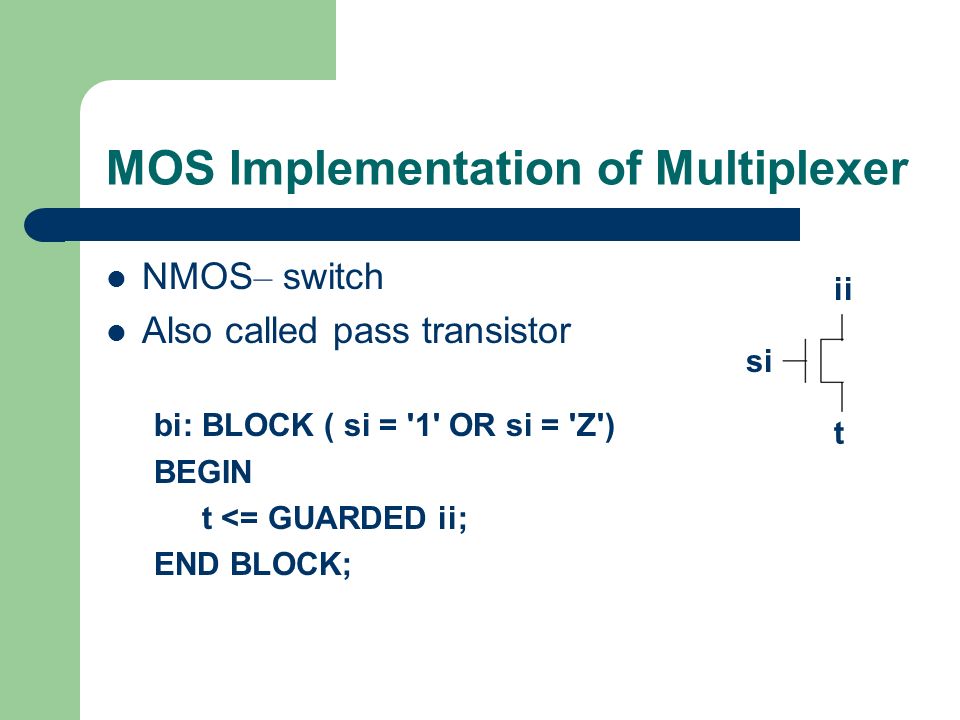 MOS Implementation of Multiplexer NMOS – switch Also called pass transistor bi: BLOCK ( si = 1 OR si = Z ) BEGIN t <= GUARDED ii; END BLOCK; si t ii