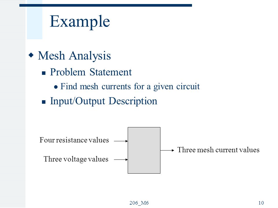 206_M610 Example  Mesh Analysis Problem Statement Find mesh currents for a given circuit Input/Output Description Four resistance values Three mesh current values Three voltage values