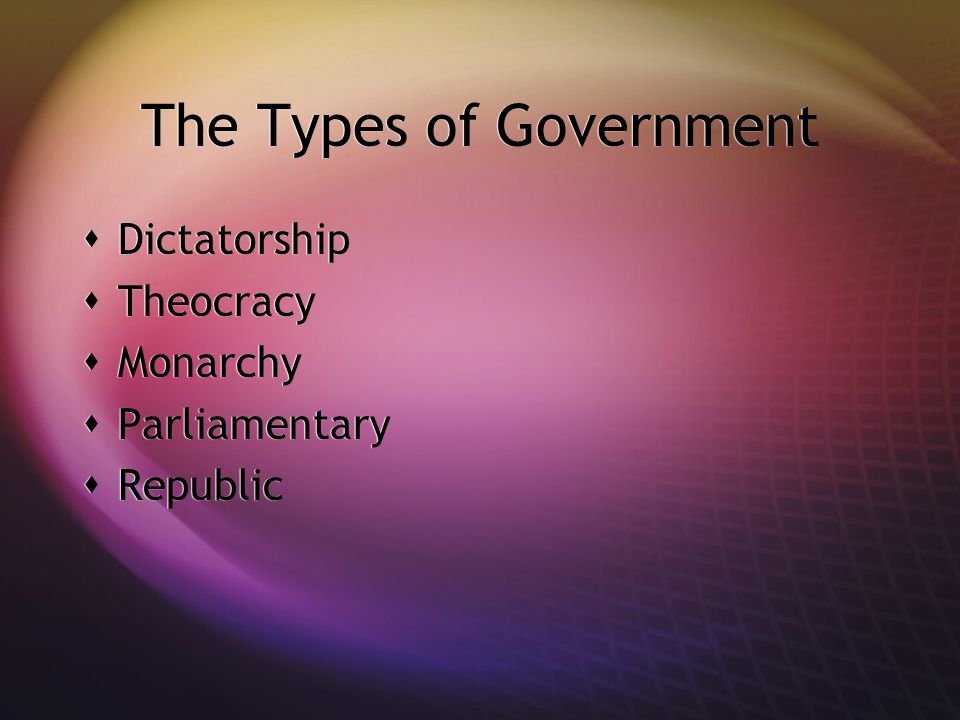 The Types of Government  Dictatorship  Theocracy  Monarchy  Parliamentary  Republic  Dictatorship  Theocracy  Monarchy  Parliamentary  Republic