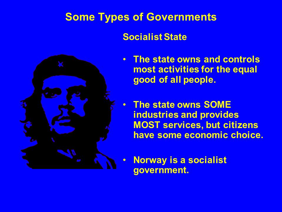 Some Types of Governments Socialist State The state owns and controls most activities for the equal good of all people.