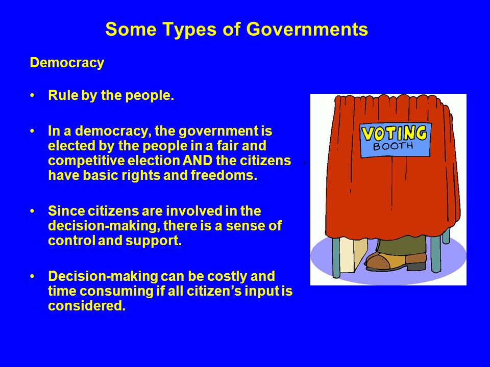 Some Types of Governments Democracy Rule by the people.
