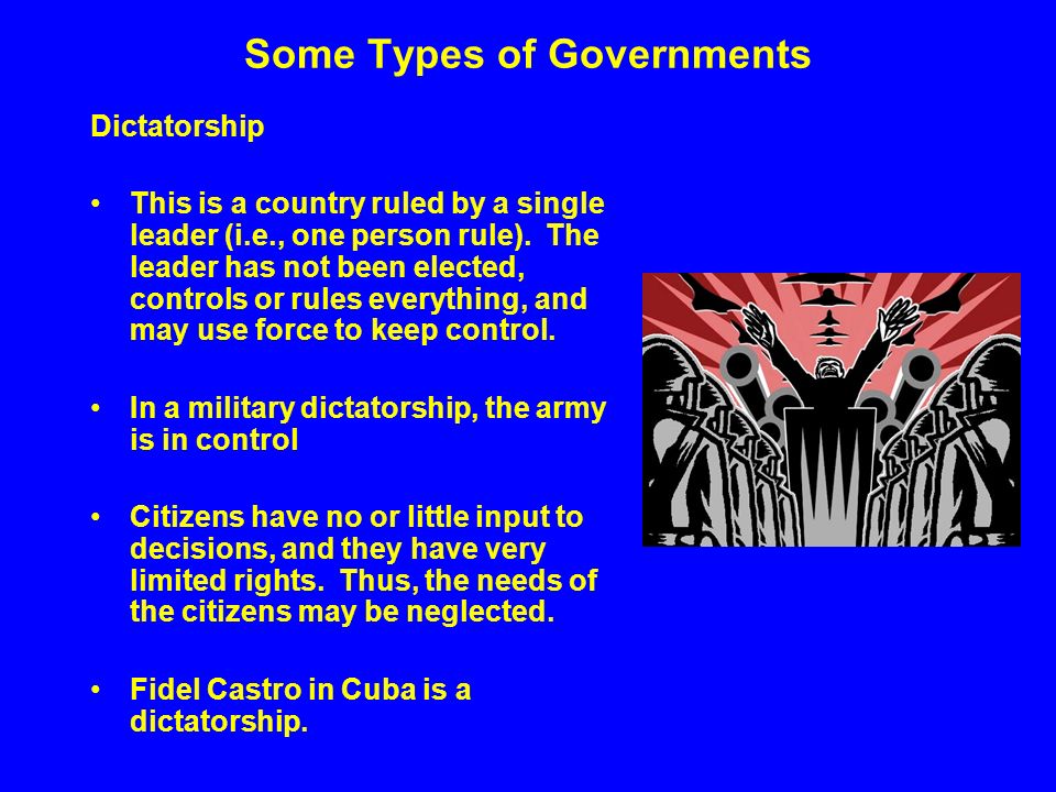 Some Types of Governments Dictatorship This is a country ruled by a single leader (i.e., one person rule).