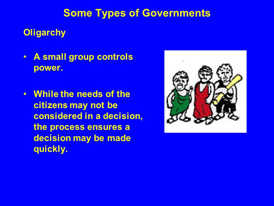 Some Types of Governments Oligarchy A small group controls power.