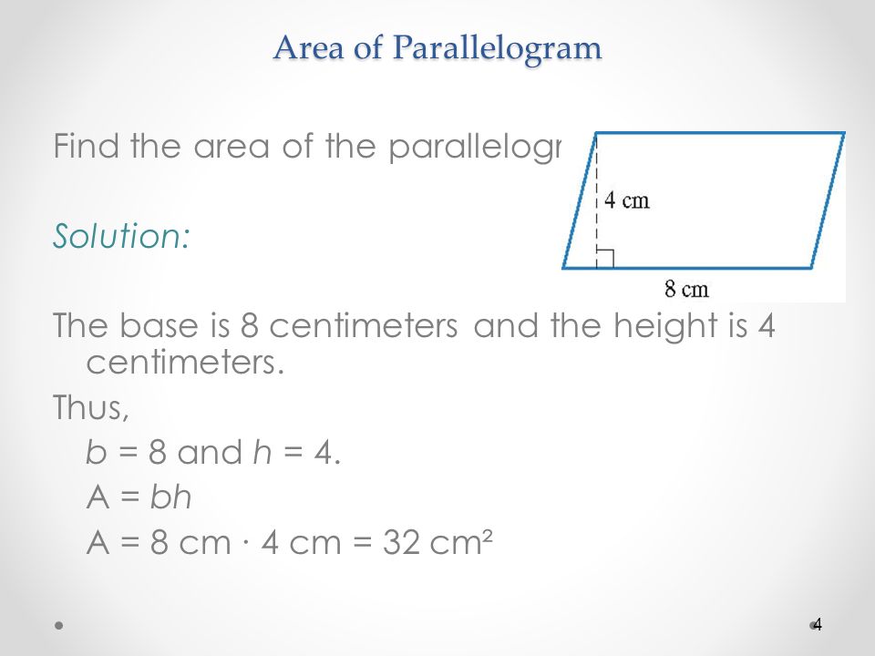 Area of Parallelogram Find the area of the parallelogram.