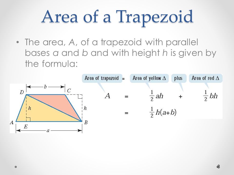 Area of a Trapezoid The area, A, of a trapezoid with parallel bases a and b and with height h is given by the formula: 8