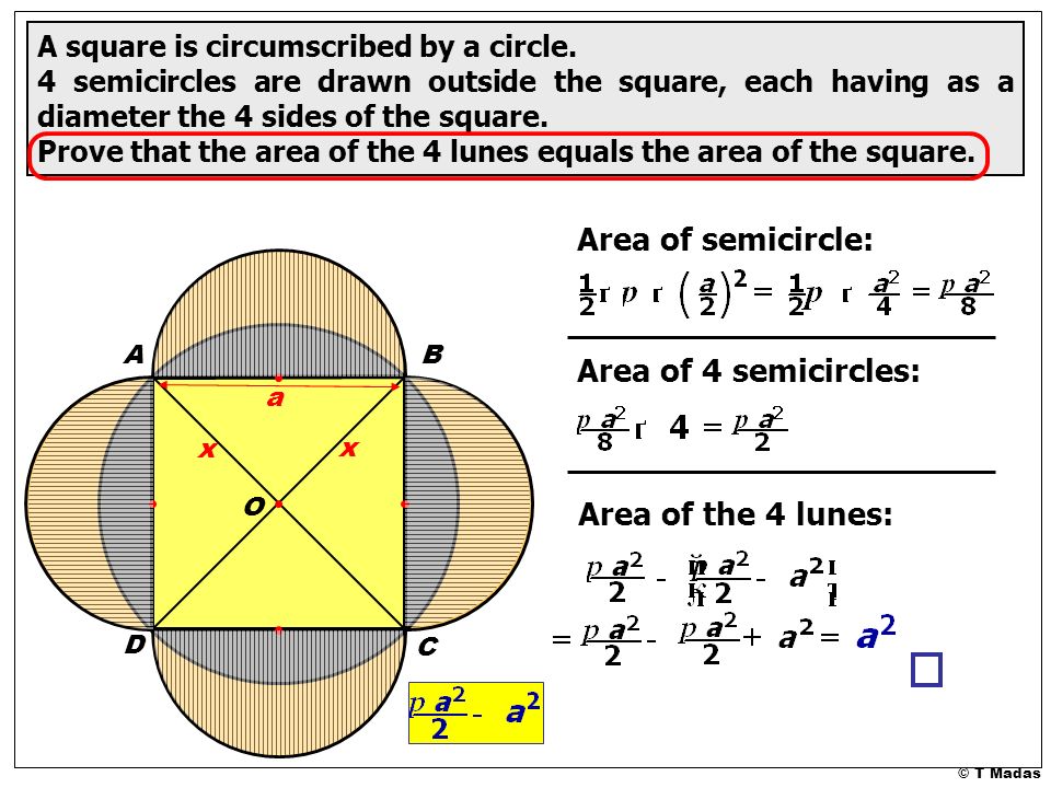 © T Madas Area of semicircle: A square is circumscribed by a circle.