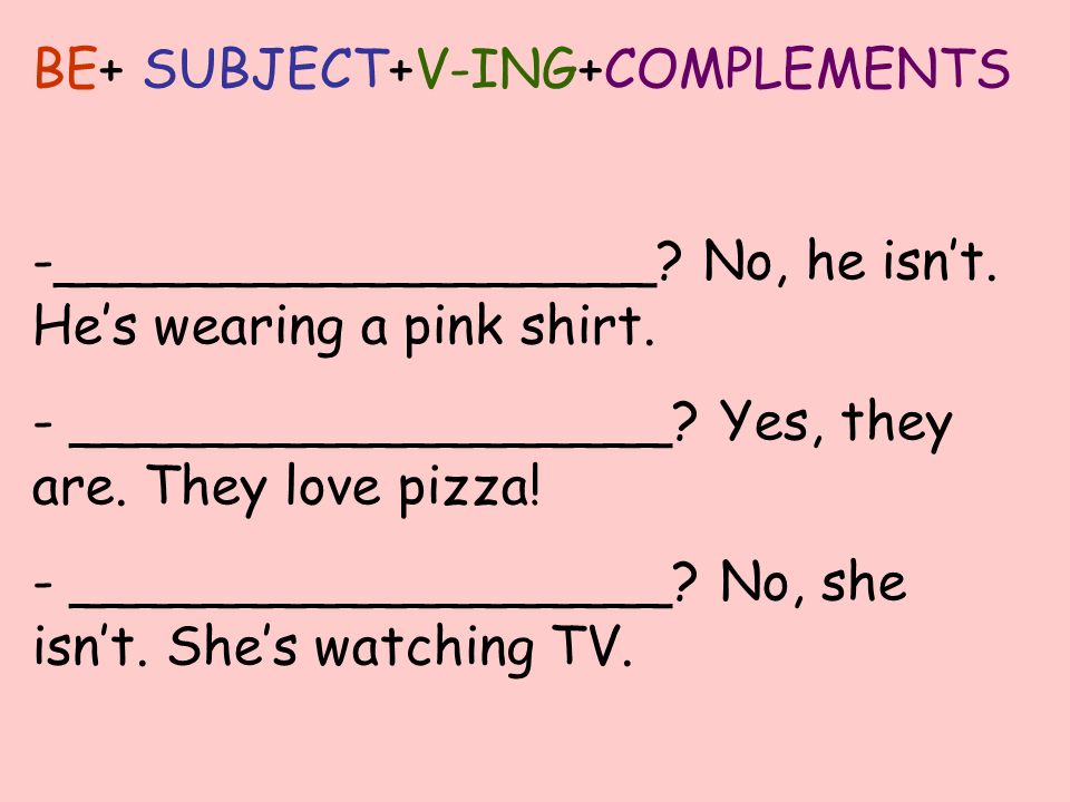 BE+ SUBJECT+V-ING+COMPLEMENTS -__________________.