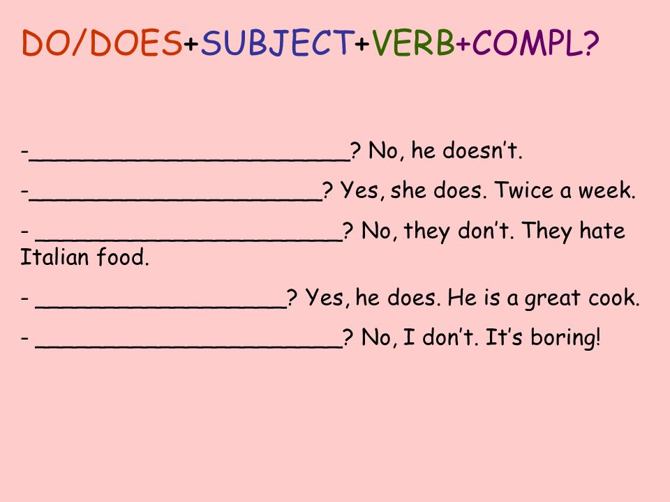 DO/DOES+SUBJECT+VERB+COMPL. -_______________________.