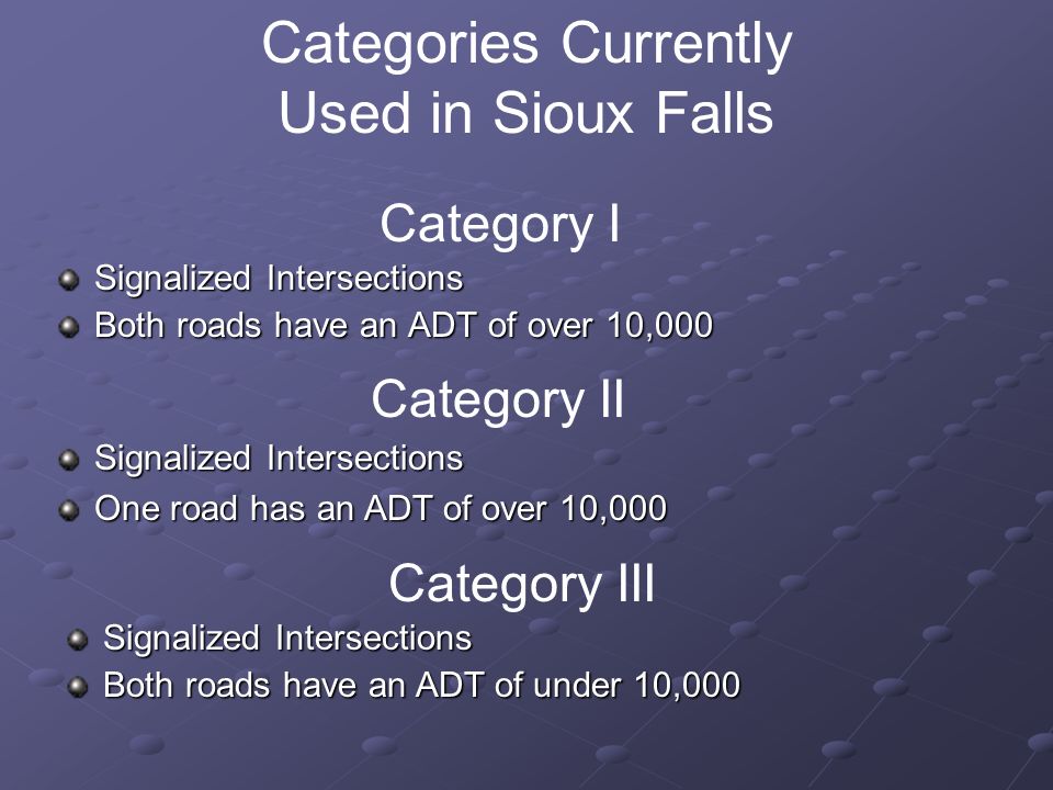 Category I Signalized Intersections Both roads have an ADT of over 10,000 Category II Signalized Intersections One road has an ADT of over 10,000 Category III Signalized Intersections Both roads have an ADT of under 10,000 Categories Currently Used in Sioux Falls