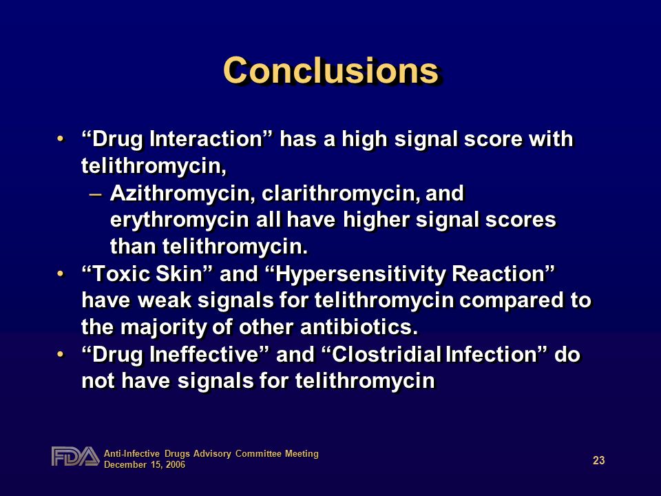 Anti-Infective Drugs Advisory Committee Meeting December 15, ConclusionsConclusions Drug Interaction has a high signal score with telithromycin, –Azithromycin, clarithromycin, and erythromycin all have higher signal scores than telithromycin.