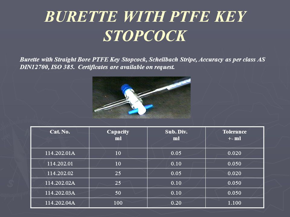 BURETTE WITH PTFE KEY STOPCOCK Cat. No.Capacity ml Sub.