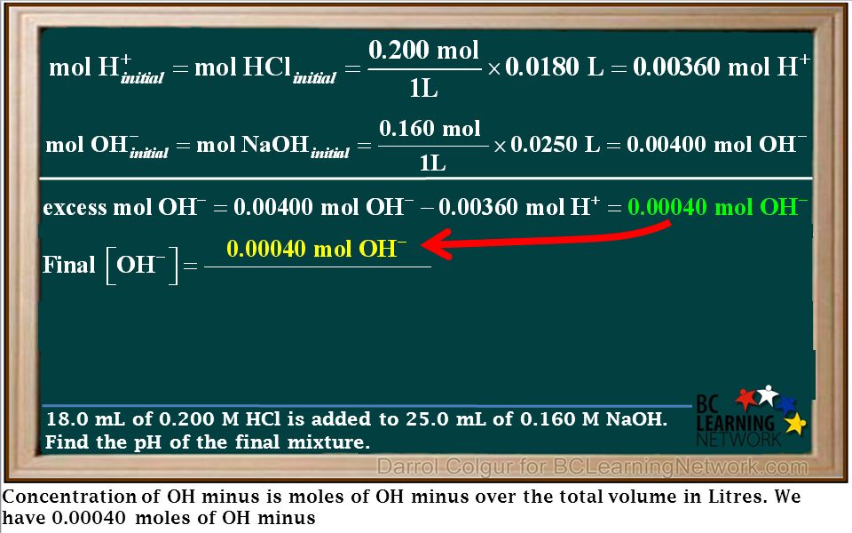 Concentration of OH minus is moles of OH minus over the total volume in Litres.